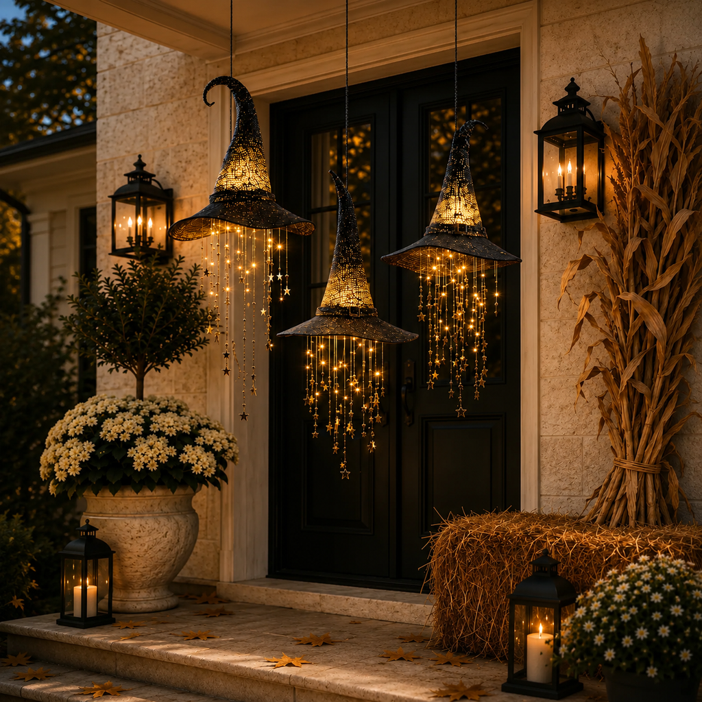 Halloween LED Witch Hat Hanging Decoration with Cascading Star Lights