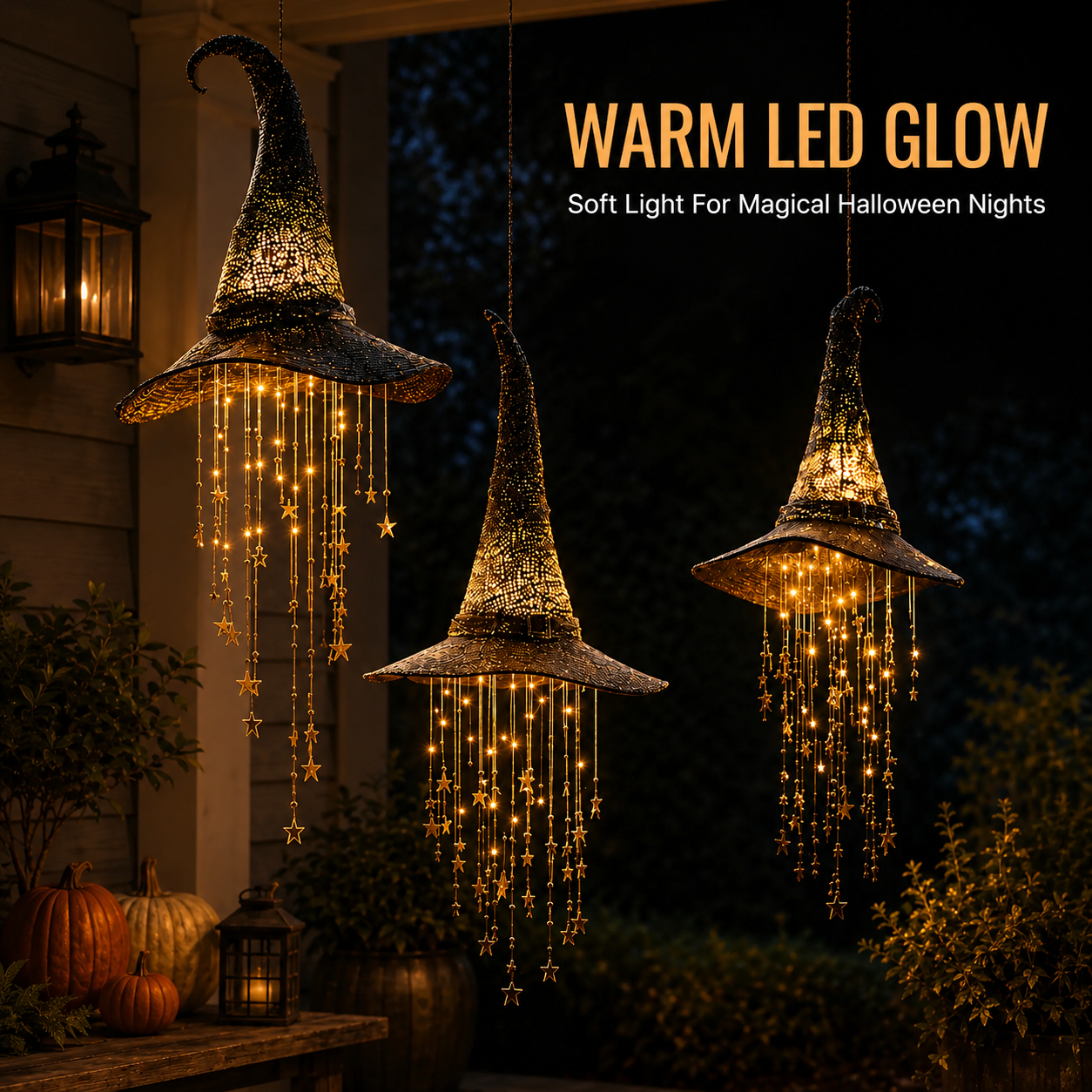 Halloween LED Witch Hat Hanging Decoration with Cascading Star Lights