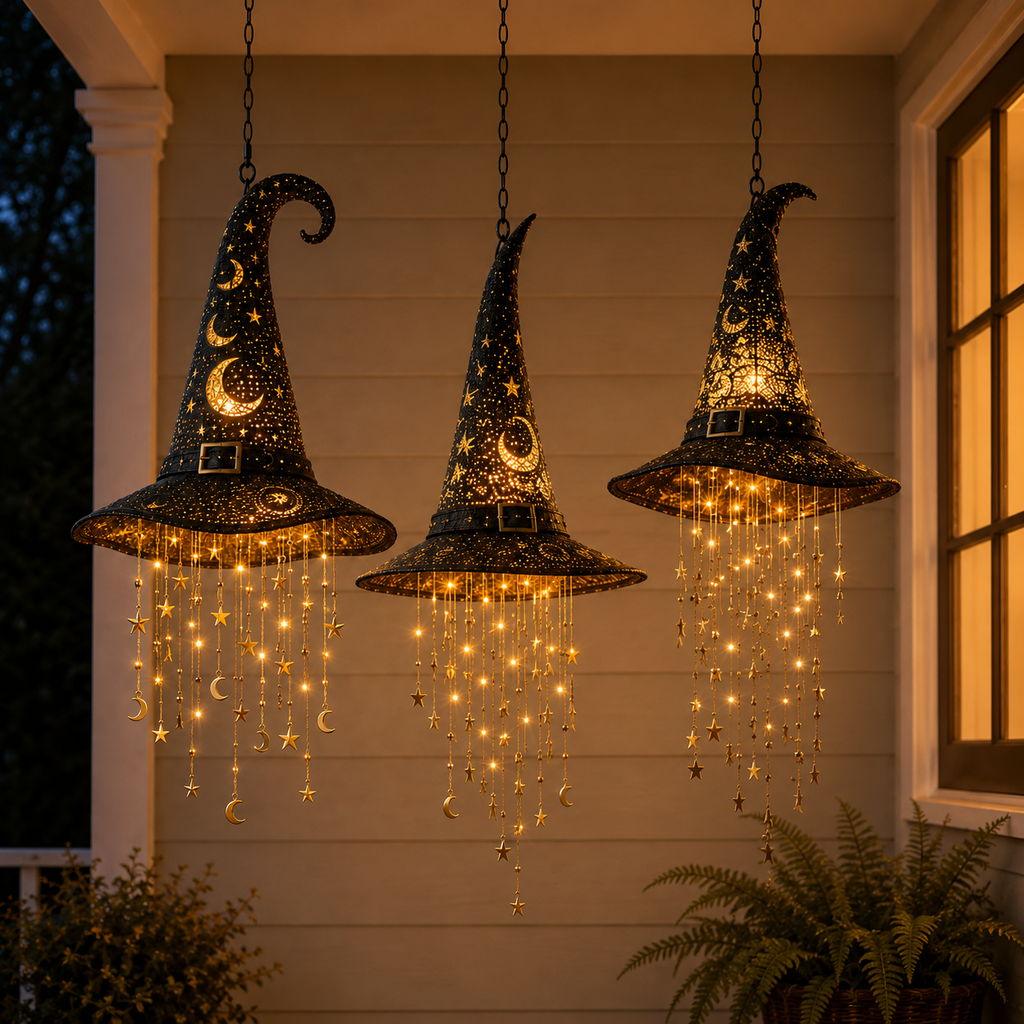Halloween LED Witch Hat Hanging Decoration with Cascading Star Lights