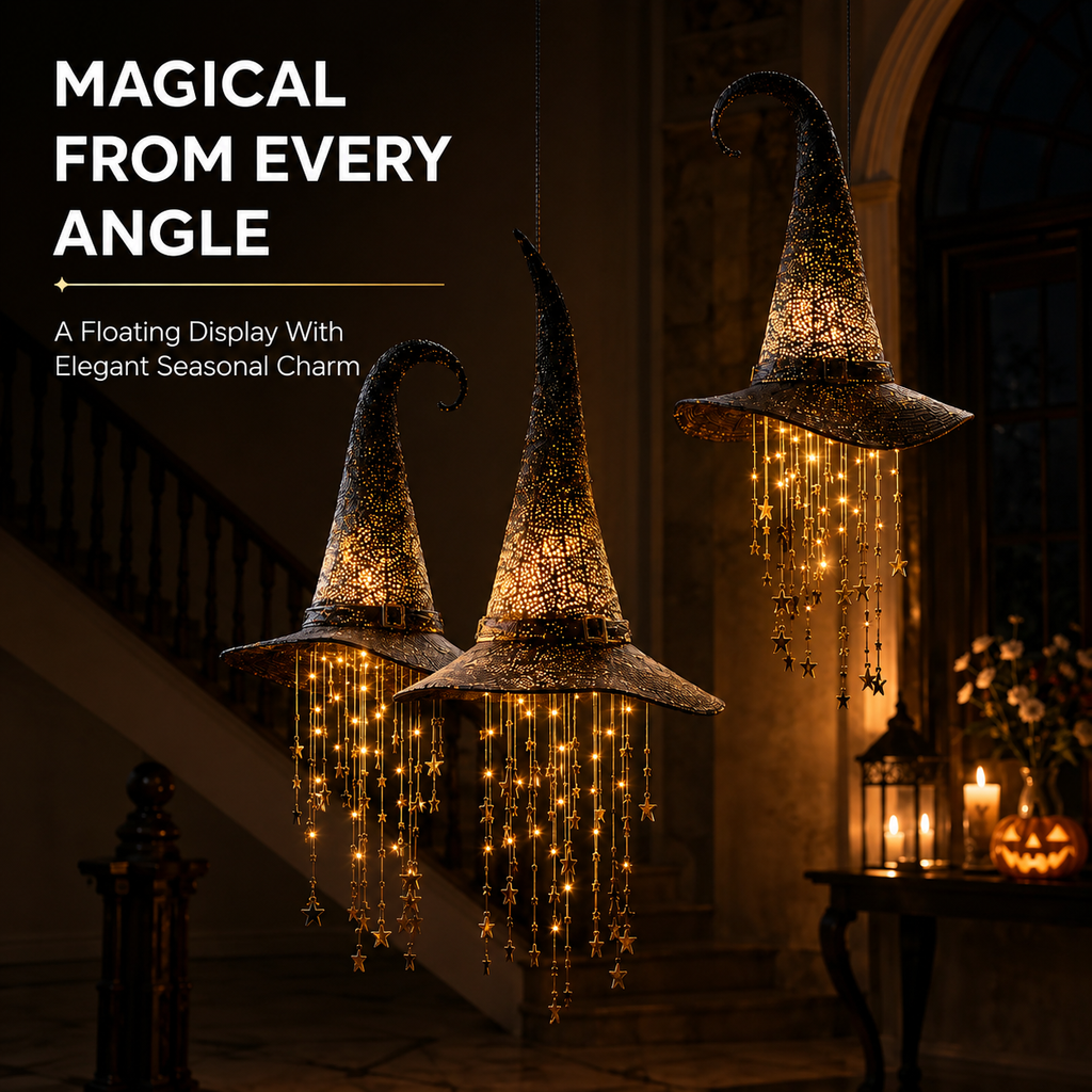 Halloween LED Witch Hat Hanging Decoration with Cascading Star Lights