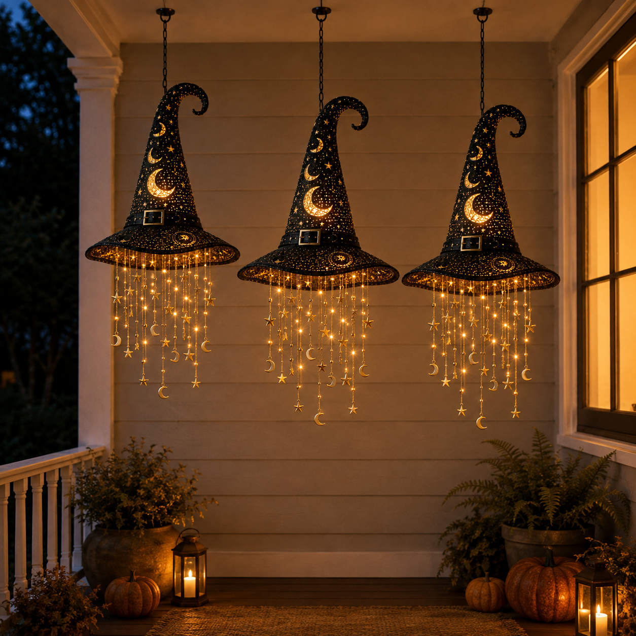 Halloween LED Witch Hat Hanging Decoration with Cascading Star Lights